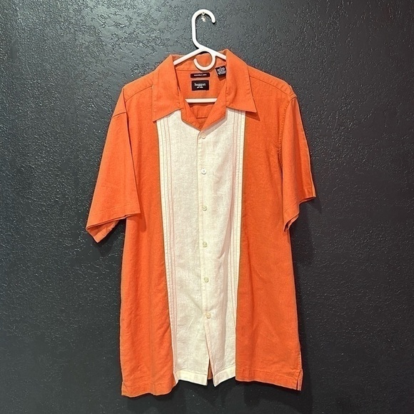 Haggar Tops - HAGGAR Men’s Short Sleeve Linen Button Shirt - XL - Orange/White